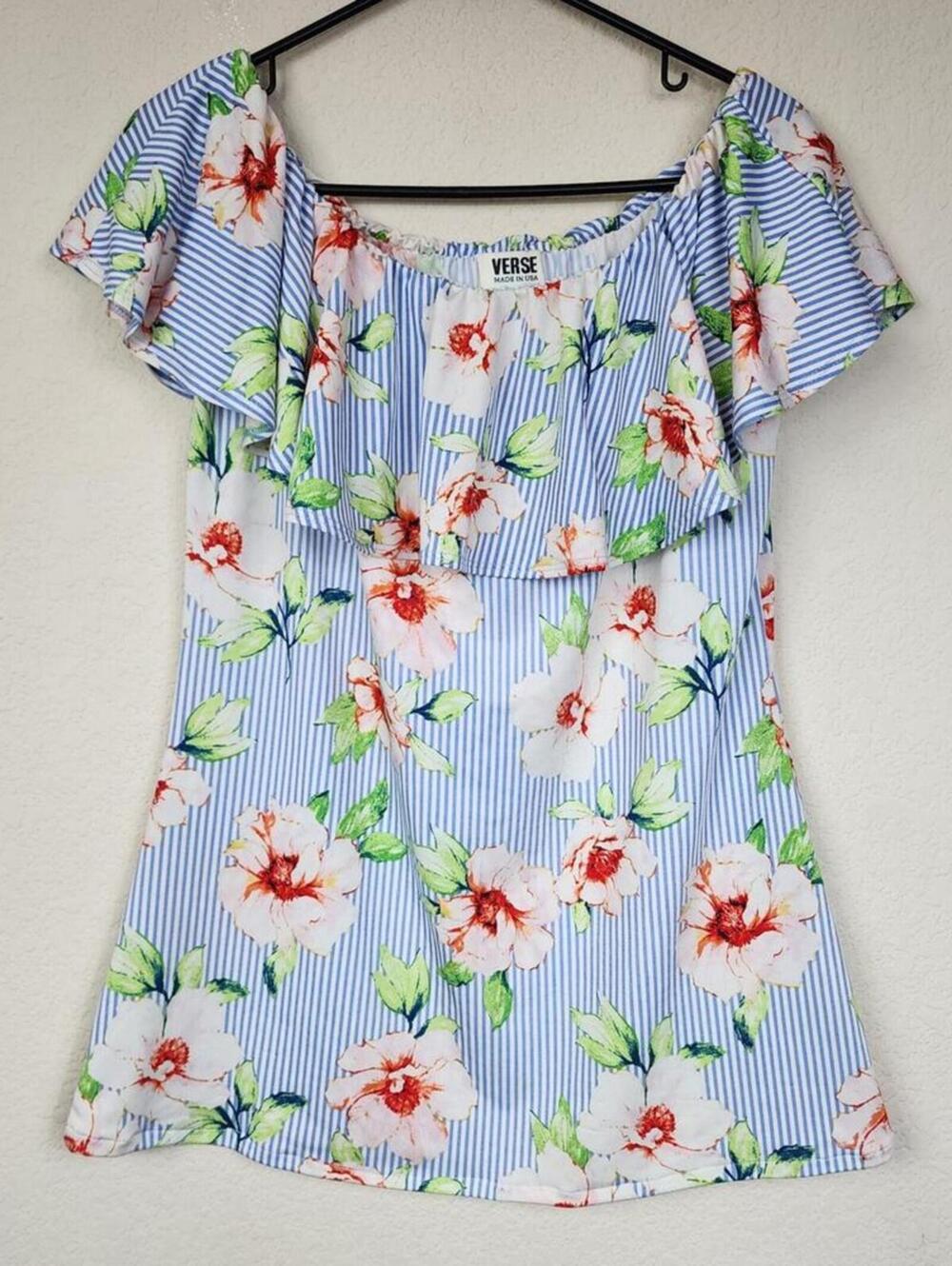 Verse Floral Striped Blue White Blouse